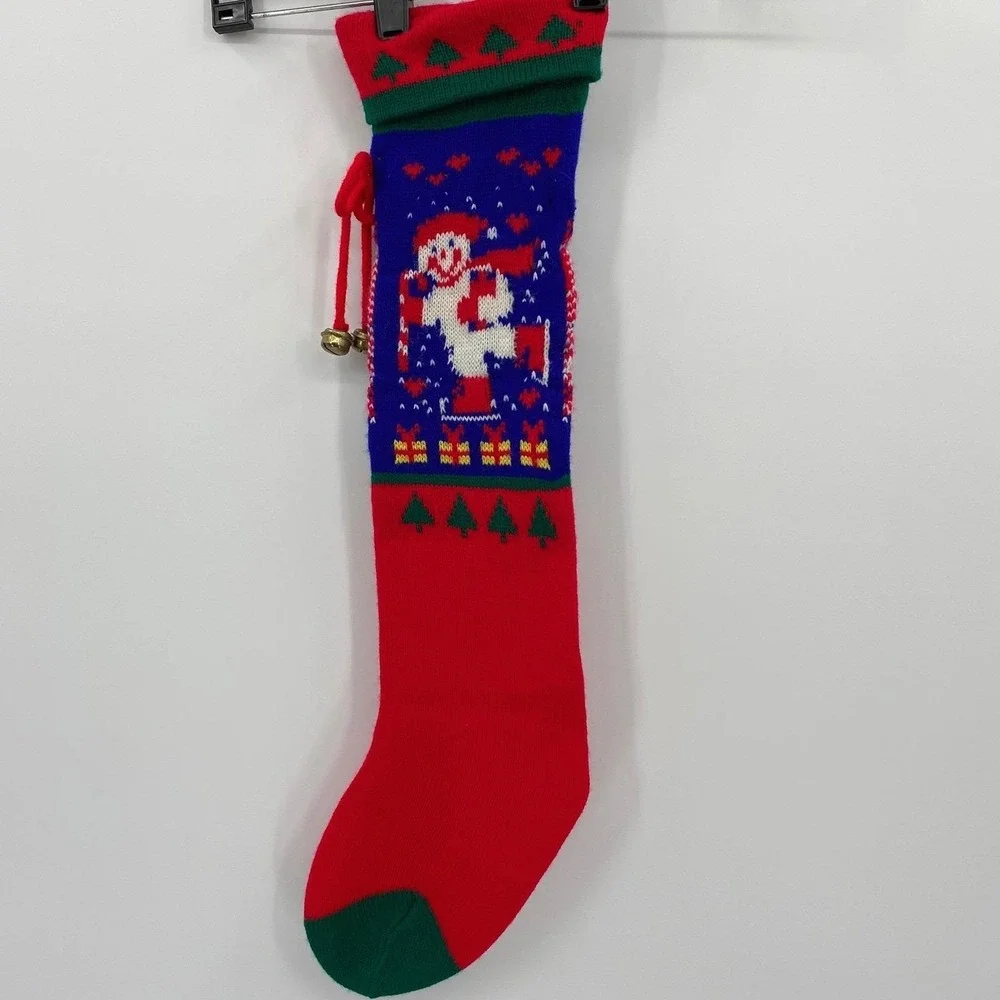 Christmas Stocking‎ Snowman Knit Red Green Blue Bells Hanging Holiday Decor VTG